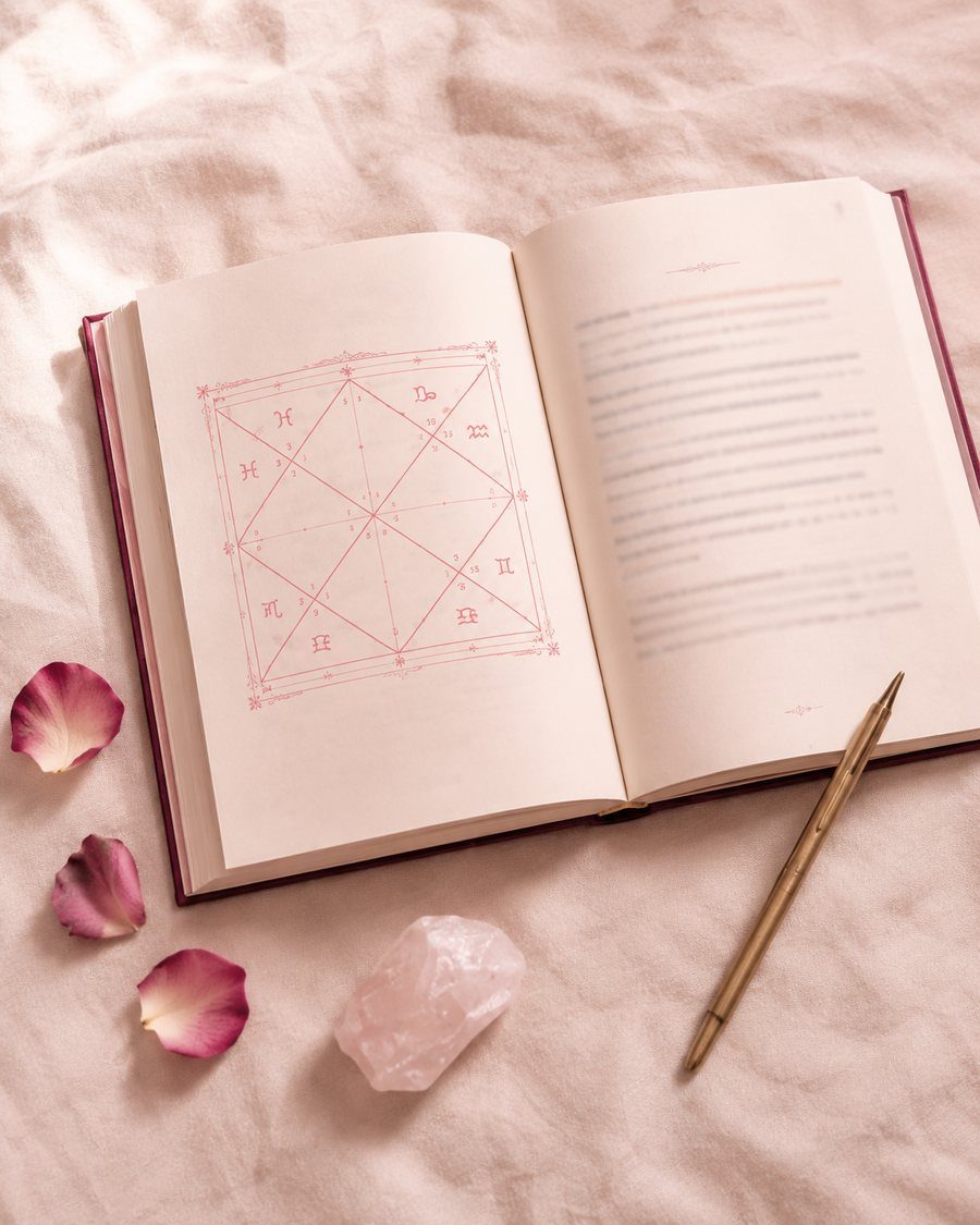 A Love and Heartbreak Report open on a table, a kundli square drawn on the left page.