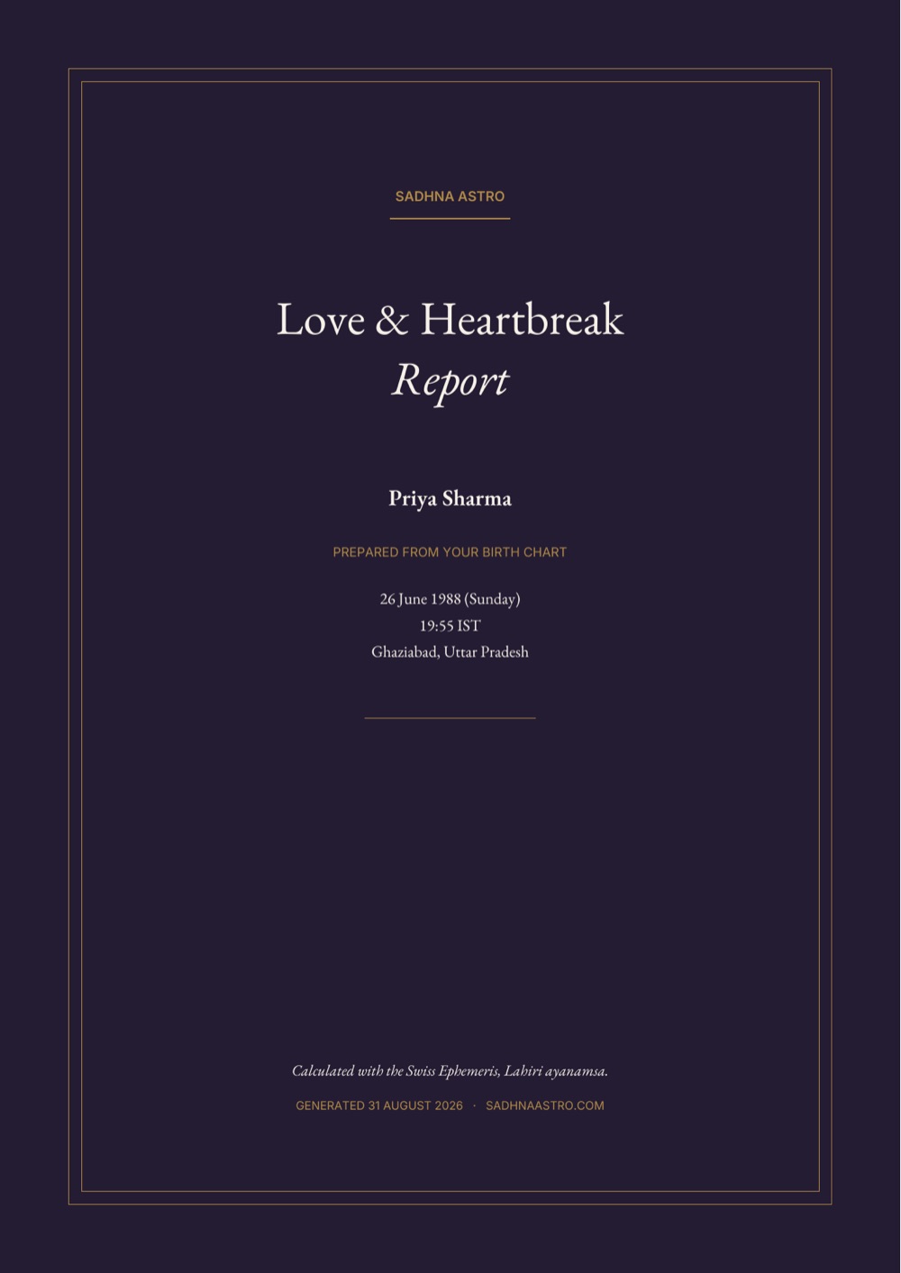 The cover of a Sadhna Astro Love and Heartbreak Report.